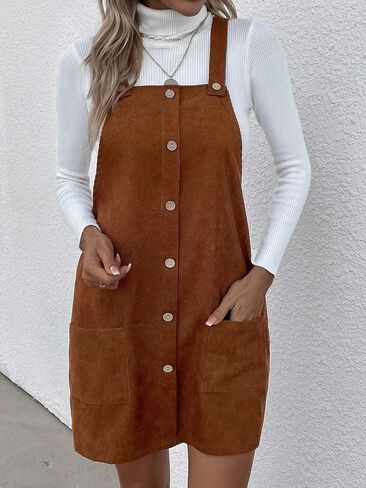 OYOANGLE Women's Sleeveless Button Front Straps A Line Pinafore Overall Short Dress with Pockets in Saudi Arabia