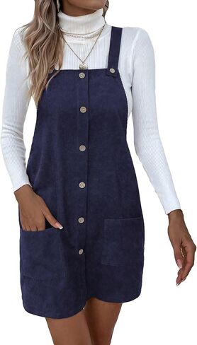 OYOANGLE Women's Sleeveless Button Front Straps A Line Pinafore Overall Short Dress with Pockets in Saudi Arabia