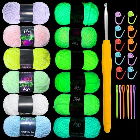 3PCS Glow in The Dark Chenille Yarn,Beginner Yarn for Crocheting,DIY Handcrafts Weaving Soft Chenille Yarn,50g/Reel, 70m (76.5 Yds). (Dark Green) in Saudi Arabia