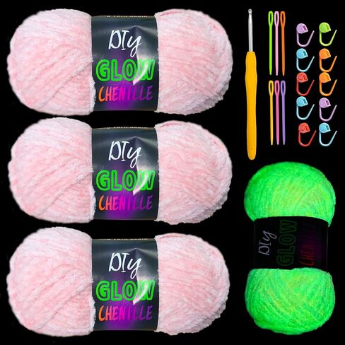 3PCS Glow in The Dark Chenille Yarn,Beginner Yarn for Crocheting,DIY Handcrafts Weaving Soft Chenille Yarn,50g/Reel, 70m (76.5 Yds). (Dark Green) in Saudi Arabia