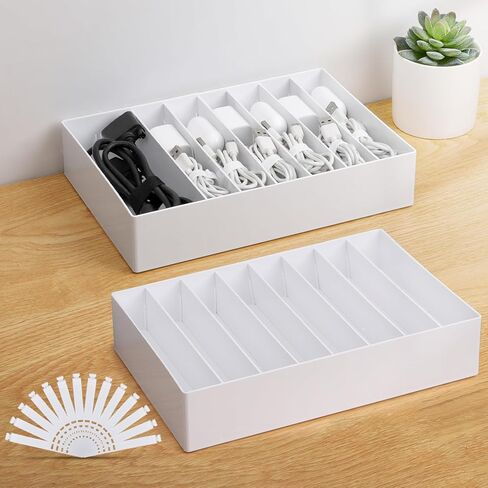 2 Pcs Large Cable Organizer Box with Wire Ties,Plastic Charger Organizer Box with 8 Compartments,Stackable Cord Organizer Box for Office,Home,Desk Drawer Stationery Supplies Storage,White in Kuwait
