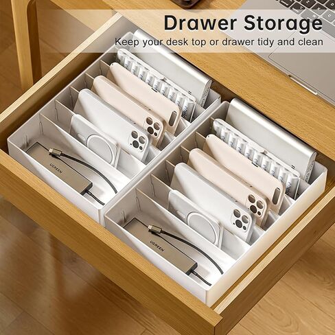 2 Pcs Large Cable Organizer Box with Wire Ties,Plastic Charger Organizer Box with 8 Compartments,Stackable Cord Organizer Box for Office,Home,Desk Drawer Stationery Supplies Storage,White in Kuwait