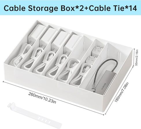 2 Pcs Large Cable Organizer Box with Wire Ties,Plastic Charger Organizer Box with 8 Compartments,Stackable Cord Organizer Box for Office,Home,Desk Drawer Stationery Supplies Storage,White in Kuwait