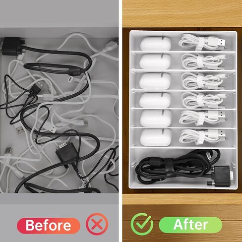 2 Pcs Large Cable Organizer Box with Wire Ties,Plastic Charger Organizer Box with 8 Compartments,Stackable Cord Organizer Box for Office,Home,Desk Drawer Stationery Supplies Storage,White in Kuwait