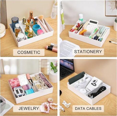 2 Pcs Large Cable Organizer Box with Wire Ties,Plastic Charger Organizer Box with 8 Compartments,Stackable Cord Organizer Box for Office,Home,Desk Drawer Stationery Supplies Storage,White in Kuwait