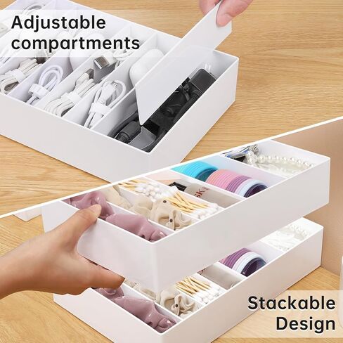 2 Pcs Large Cable Organizer Box with Wire Ties,Plastic Charger Organizer Box with 8 Compartments,Stackable Cord Organizer Box for Office,Home,Desk Drawer Stationery Supplies Storage,White in Kuwait