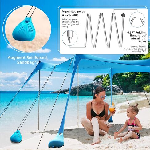 Beach Tent,Beach Canopy,Beach Tent Sun Shelter | UPF50+ Pop Up Beach Tent,Beach Umbrella with 6 Sandbags and 4 Aluminum Poles, Beach Shade for Camping, Backyard Fun or Picnics (Blue10*15FT) in Saudi Arabia