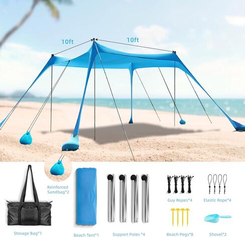 Beach Tent,Beach Canopy,Beach Tent Sun Shelter | UPF50+ Pop Up Beach Tent,Beach Umbrella with 6 Sandbags and 4 Aluminum Poles, Beach Shade for Camping, Backyard Fun or Picnics (Blue10*15FT) in Saudi Arabia