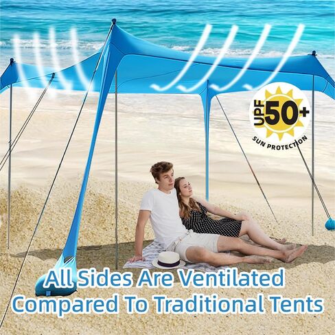 Beach Tent,Beach Canopy,Beach Tent Sun Shelter | UPF50+ Pop Up Beach Tent,Beach Umbrella with 6 Sandbags and 4 Aluminum Poles, Beach Shade for Camping, Backyard Fun or Picnics (Blue10*15FT) in Saudi Arabia