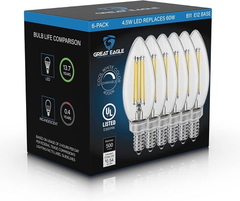 Great Eagle Lighting Corporation Candelabra B11 LED 3000K مصابيح إضاءة بيضاء ناعمة 60 وات 500 لومن، قابلة للتعتيم، شمعة خيوط E12، مدرجة في قائمة UL، (6 عبوات) in Kuwait