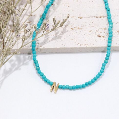 قلادة HJO Dainty Turquoise مطرزة أولية غير متماثلة، قلادة بحروف من الفولاذ المقاوم للصدأ مطلية بالذهب عيار 18 قيراط in Saudi Arabia