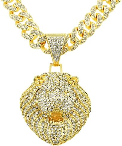 Large Lion Head Pendant Iced Out Bling Cuban Link Chunky Necklace Thick Chain Fake Diamond Animal Charm Choker Necklace for Men,Sparkly Luxury Rapper Cool Hip Pop Costume Jewelry 20" in Saudi Arabia