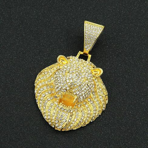 Large Lion Head Pendant Iced Out Bling Cuban Link Chunky Necklace Thick Chain Fake Diamond Animal Charm Choker Necklace for Men,Sparkly Luxury Rapper Cool Hip Pop Costume Jewelry 20" in Saudi Arabia