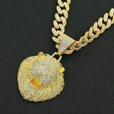 Large Lion Head Pendant Iced Out Bling Cuban Link Chunky Necklace Thick Chain Fake Diamond Animal Charm Choker Necklace for Men,Sparkly Luxury Rapper Cool Hip Pop Costume Jewelry 20" in Saudi Arabia