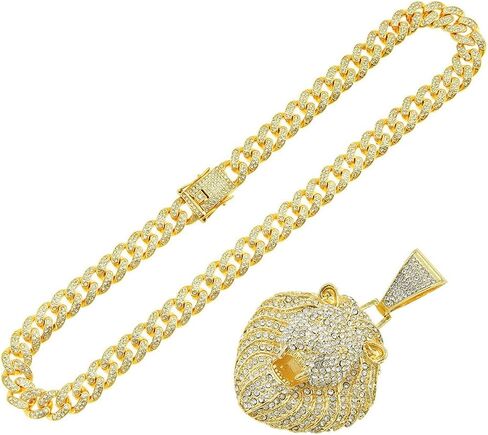 Large Lion Head Pendant Iced Out Bling Cuban Link Chunky Necklace Thick Chain Fake Diamond Animal Charm Choker Necklace for Men,Sparkly Luxury Rapper Cool Hip Pop Costume Jewelry 20" in Saudi Arabia