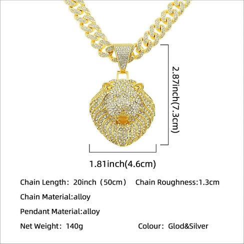 Large Lion Head Pendant Iced Out Bling Cuban Link Chunky Necklace Thick Chain Fake Diamond Animal Charm Choker Necklace for Men,Sparkly Luxury Rapper Cool Hip Pop Costume Jewelry 20" in Saudi Arabia