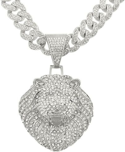 Large Lion Head Pendant Iced Out Bling Cuban Link Chunky Necklace Thick Chain Fake Diamond Animal Charm Choker Necklace for Men,Sparkly Luxury Rapper Cool Hip Pop Costume Jewelry 20" in Saudi Arabia