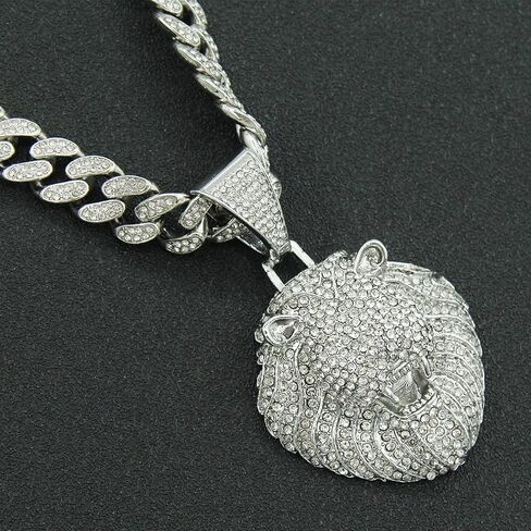 Large Lion Head Pendant Iced Out Bling Cuban Link Chunky Necklace Thick Chain Fake Diamond Animal Charm Choker Necklace for Men,Sparkly Luxury Rapper Cool Hip Pop Costume Jewelry 20" in Saudi Arabia