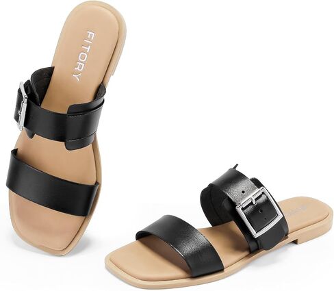 FITORY Women's Flat Sandals Fashion Square Open Toe Adjustable Buckles Double Strap Slippers Summer Size 6-11 in Saudi Arabia