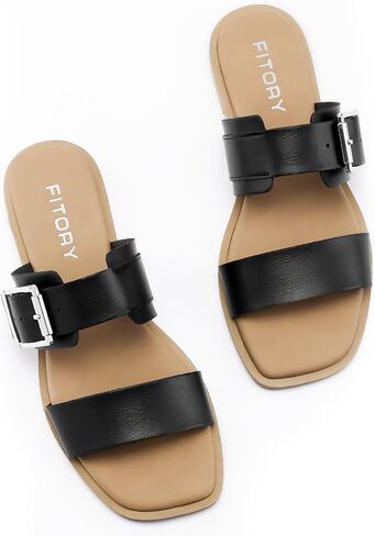 FITORY Women's Flat Sandals Fashion Square Open Toe Adjustable Buckles Double Strap Slippers Summer Size 6-11 in Saudi Arabia