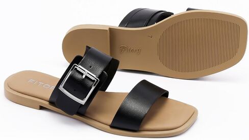 FITORY Women's Flat Sandals Fashion Square Open Toe Adjustable Buckles Double Strap Slippers Summer Size 6-11 in Saudi Arabia