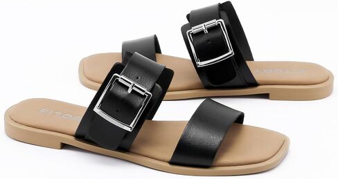 FITORY Women's Flat Sandals Fashion Square Open Toe Adjustable Buckles Double Strap Slippers Summer Size 6-11 in Saudi Arabia