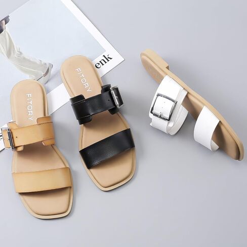 FITORY Women's Flat Sandals Fashion Square Open Toe Adjustable Buckles Double Strap Slippers Summer Size 6-11 in Saudi Arabia