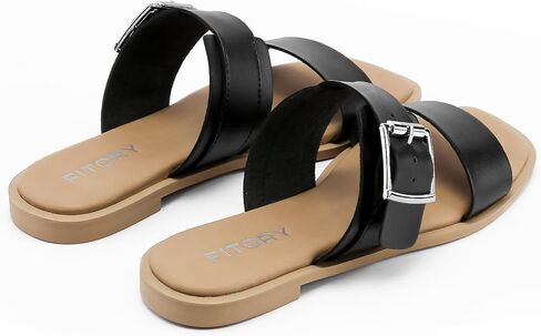 FITORY Women's Flat Sandals Fashion Square Open Toe Adjustable Buckles Double Strap Slippers Summer Size 6-11 in Saudi Arabia