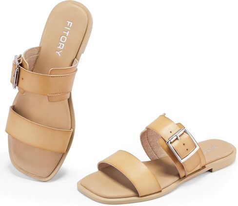 FITORY Women's Flat Sandals Fashion Square Open Toe Adjustable Buckles Double Strap Slippers Summer Size 6-11 in Saudi Arabia