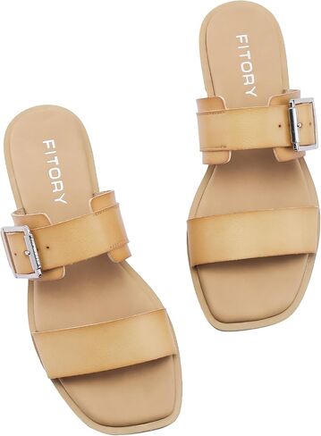FITORY Women's Flat Sandals Fashion Square Open Toe Adjustable Buckles Double Strap Slippers Summer Size 6-11 in Saudi Arabia