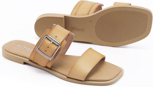 FITORY Women's Flat Sandals Fashion Square Open Toe Adjustable Buckles Double Strap Slippers Summer Size 6-11 in Saudi Arabia