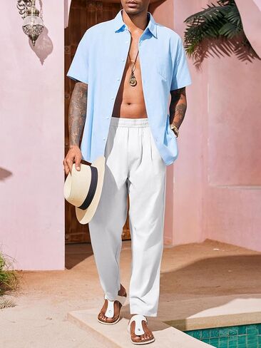 بنطلون PASLTER رجالي من القطن والكتان كاجوال بخصر مطاطي قصير لليوجا على الشاطئ مع جيوب in Kuwait