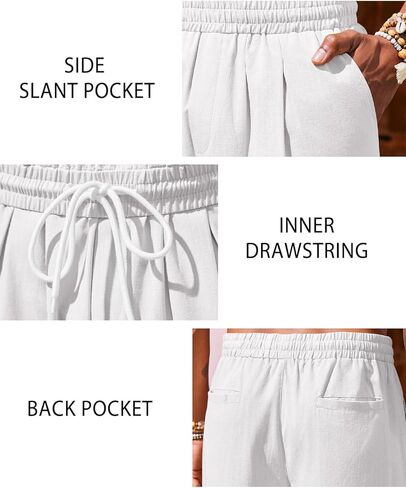 بنطلون PASLTER رجالي من القطن والكتان كاجوال بخصر مطاطي قصير لليوجا على الشاطئ مع جيوب in Kuwait