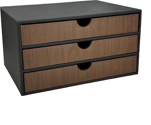 منظم مكتب جلدي مع 3 أدراج، لوازم مكتبية تنفيذية لسطح المكتب، خزانة/حامل ملفات A4، صندوق تخزين قابل للتكديس للمجوهرات/الفاتورة/الورق/المستندات/إكسسوارات ديكور المنزل للمكياج (قماش أسود) in Kuwait