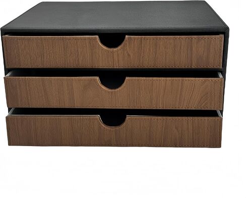 منظم مكتب جلدي مع 3 أدراج، لوازم مكتبية تنفيذية لسطح المكتب، خزانة/حامل ملفات A4، صندوق تخزين قابل للتكديس للمجوهرات/الفاتورة/الورق/المستندات/إكسسوارات ديكور المنزل للمكياج (قماش أسود) in Kuwait