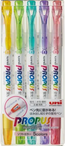 Uni Propus Window Double-Sided Highlighter Pen with 4.0 mm/0.6 mm Twin Tip, 5 Color Set (PUS102T5C) in Saudi Arabia