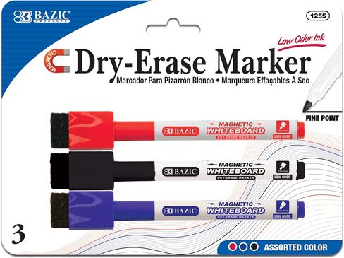 BAZIC Magnetic Dry Erase Marker, Fine Tip Assorted Colors, Whiteboard Pen Marcador, White Board Low Odor Markers, Office School Supplies (3/Pack), 1-Pack in Saudi Arabia