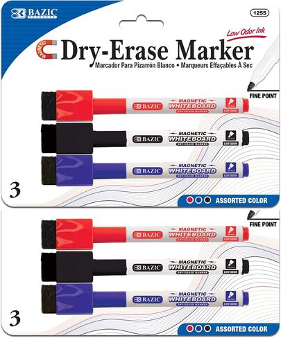 BAZIC Magnetic Dry Erase Marker, Fine Tip Assorted Colors, Whiteboard Pen Marcador, White Board Low Odor Markers, Office School Supplies (3/Pack), 1-Pack in Saudi Arabia