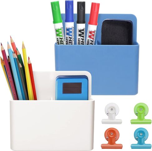 Magnetic Marker Holder, Magnetic Pen Holder/Pencil Cup, 2 Pack Marker Holder for Whiteboard & 4 Pack Magnetic Metal Clips, Magnet Dry Erase Holder/Basket/Organizer for Whiteboard, Refrigerator, Locker in Saudi Arabia