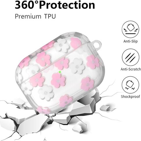 متوافق مع غطاء حافظة AirPods Pro 2 2022، حافظة TPU ناعمة بنمط زهرة لطيفة لحافظة AirPods Pro الجيل الثاني/الأول مع سلسلة مفاتيح على شكل زهرة وحلقة تسلق للفتيات والنساء (وردي) in Kuwait