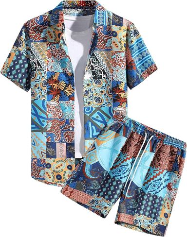 GORGLITTER Men's 2 Piece Outfits Patchwork Print Shirts Sets Short Sleeve Button Up Shirts and Shorts Tracksuit Sets in Saudi Arabia