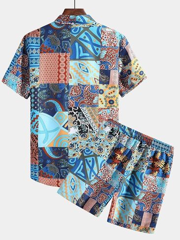 GORGLITTER Men's 2 Piece Outfits Patchwork Print Shirts Sets Short Sleeve Button Up Shirts and Shorts Tracksuit Sets in Saudi Arabia