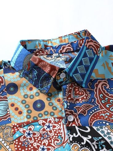 GORGLITTER Men's 2 Piece Outfits Patchwork Print Shirts Sets Short Sleeve Button Up Shirts and Shorts Tracksuit Sets in Saudi Arabia