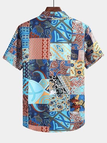 GORGLITTER Men's 2 Piece Outfits Patchwork Print Shirts Sets Short Sleeve Button Up Shirts and Shorts Tracksuit Sets in Saudi Arabia