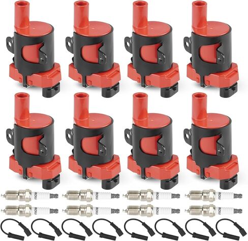 8PCS Round Ignition Coil Pack with 8PCS Iridium Spark Plug and 8PCS Wires Compatible with Chevrolet Cadillac GMC Buick Hummer H2 Isuzu Ascender 4.8L 5.3L 6.0L, Replace for UF262, Black in Saudi Arabia