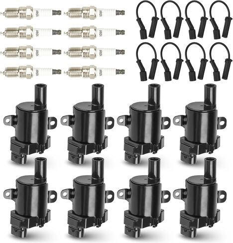 8PCS Round Ignition Coil Pack with 8PCS Iridium Spark Plug and 8PCS Wires Compatible with Chevrolet Cadillac GMC Buick Hummer H2 Isuzu Ascender 4.8L 5.3L 6.0L, Replace for UF262, Black in Saudi Arabia