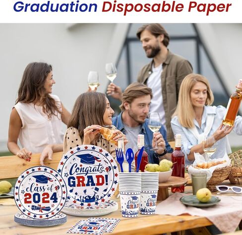 لوازم حفلات التخرج، مجموعة أواني طعام Congrats Grad، أطباق ورقية للاستعمال مرة واحدة، مناديل، أكواب، ملاعق، شوكة وسكاكين لعام 2024، ديكورات حفلات التخرج، تخدم 24 (أزرق) in Kuwait