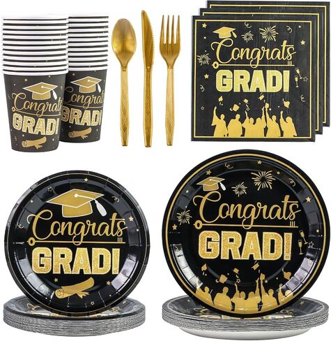 Graduation Party Supplies, Congrats Grad Dinnerware Set Disposable Paper Plates Napkins Cups Spoons Fork and Knives for 2024 Graduation Party Decorations Serve 24 (Blue) in Saudi Arabia
