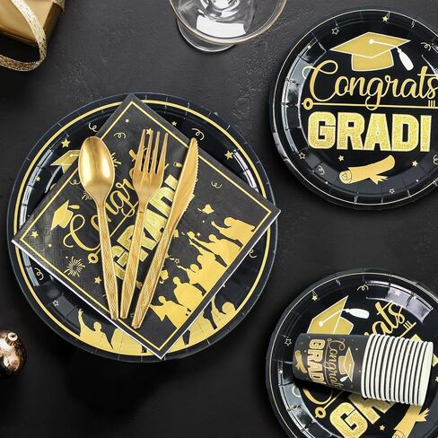 Graduation Party Supplies, Congrats Grad Dinnerware Set Disposable Paper Plates Napkins Cups Spoons Fork and Knives for 2024 Graduation Party Decorations Serve 24 (Blue) in Saudi Arabia