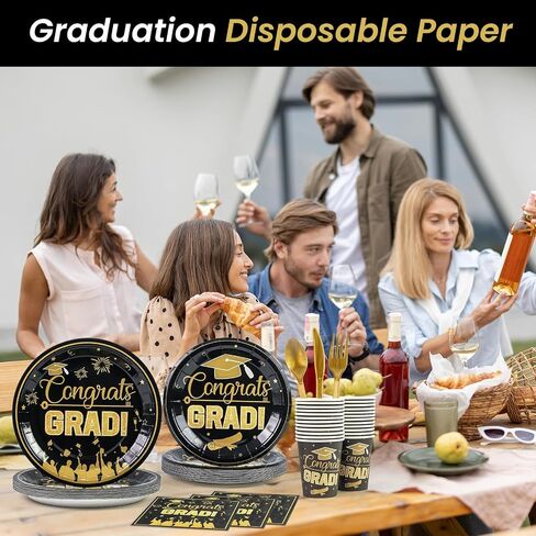 Graduation Party Supplies, Congrats Grad Dinnerware Set Disposable Paper Plates Napkins Cups Spoons Fork and Knives for 2024 Graduation Party Decorations Serve 24 (Blue) in Saudi Arabia